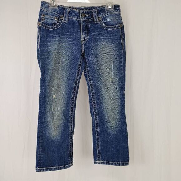 Miss Me Womens Crop Jeans Blue Denim Distressed Thick Stitches Size 27 - EUC!. J - Picture 1 of 7